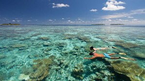 A person snorkeling in clear blue water with visible coral reefs. - Pine Lodge Maldives (Hulhumalé)