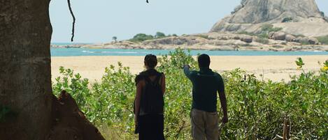 Two people standing on a dirt path with a view of a beach and a large rock formation in the distance.