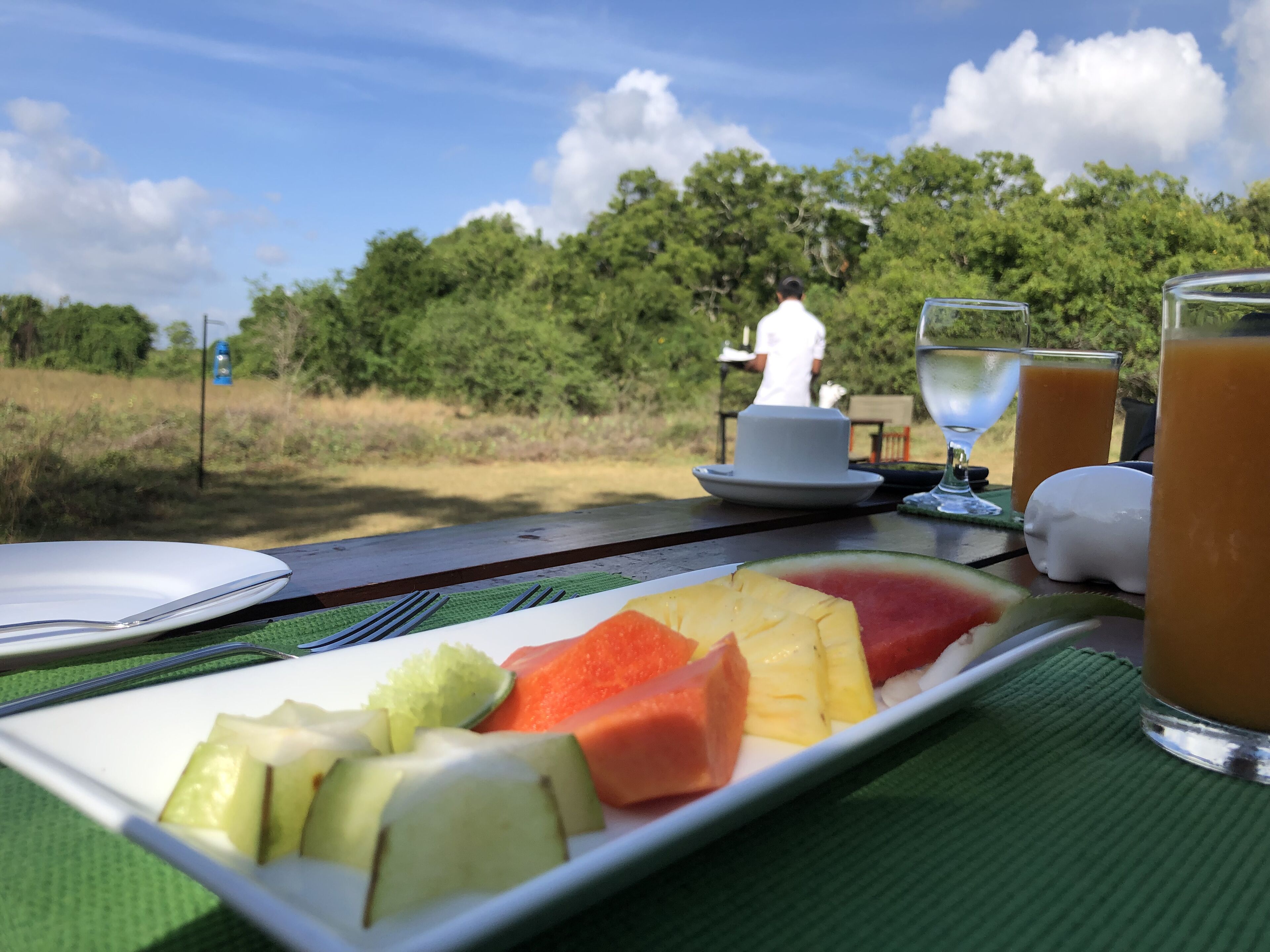 A picnic setup with a plate of fruit, a glass of juice, and a white hat on a table outdoors.