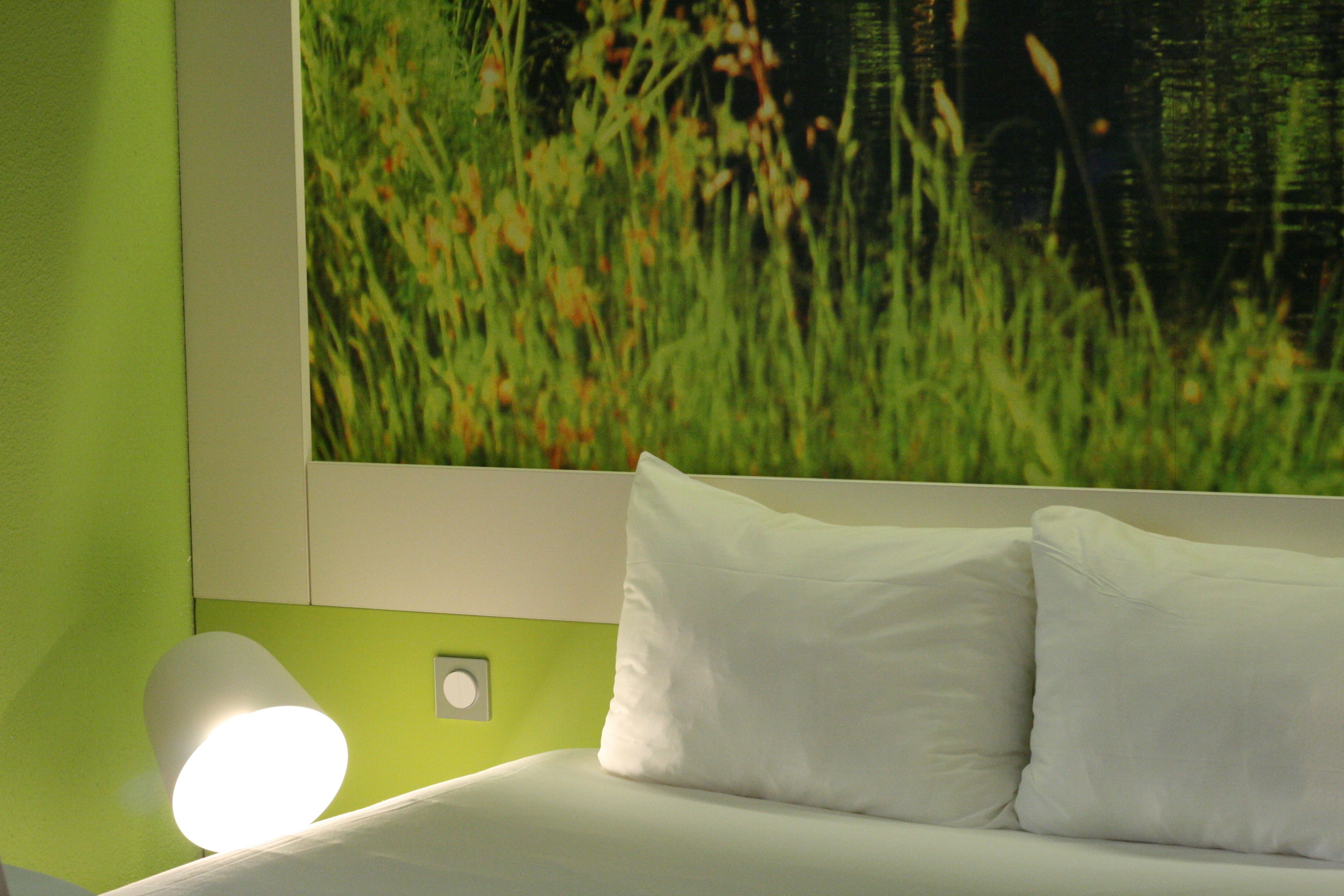 A bed with white bedding and pillows, a wall-mounted lamp, and a large framed picture of a field.