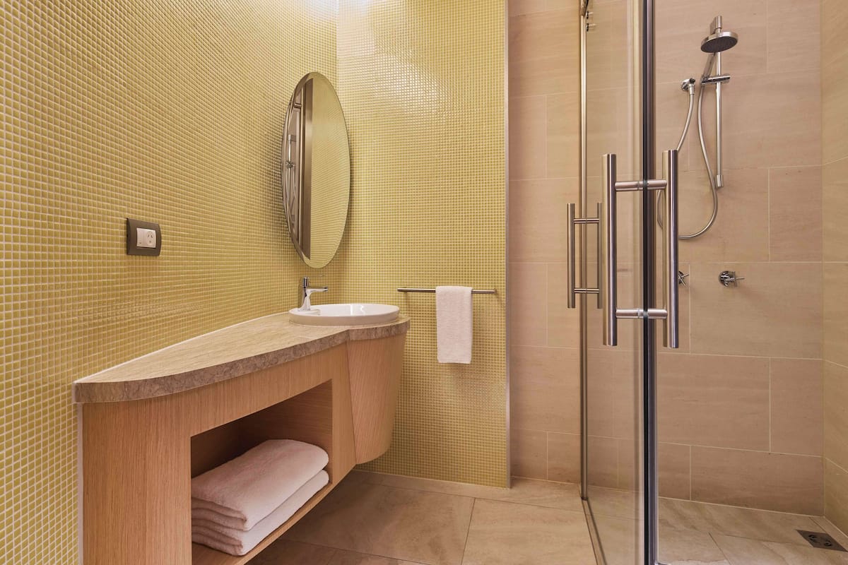 Shower, designer toiletries, hair dryer, towels