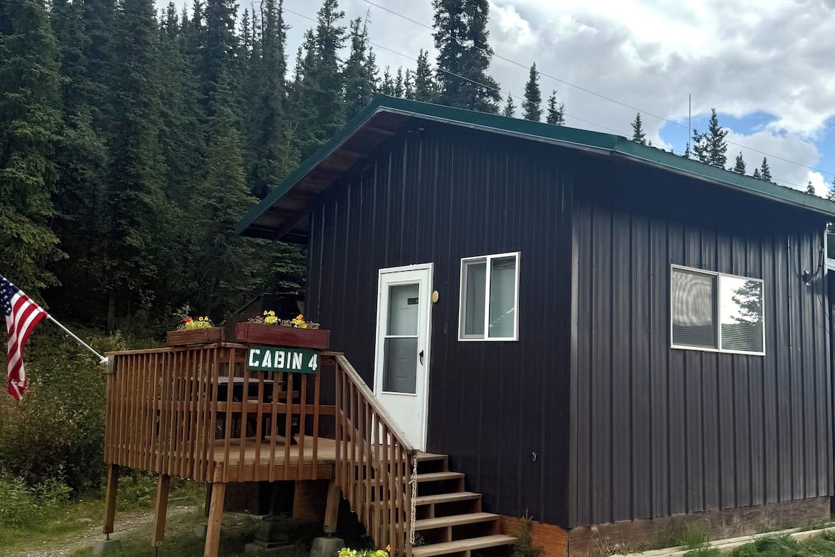 A cabin labeled "CABIN 4" with a wooden deck, a small porch, and an American flag.