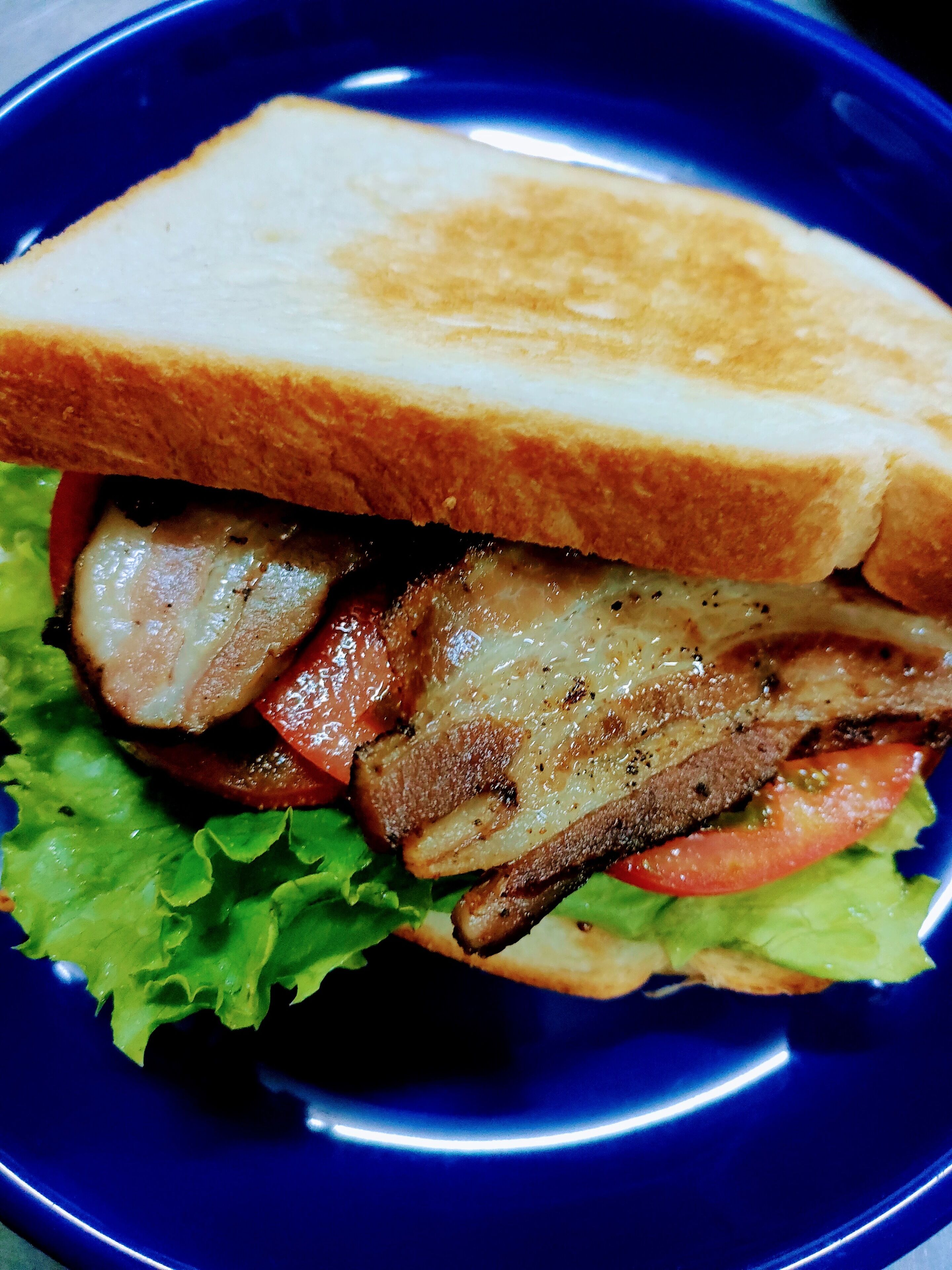 Un sándwich con carne a la parrilla y lechuga sobre un plato azul.
