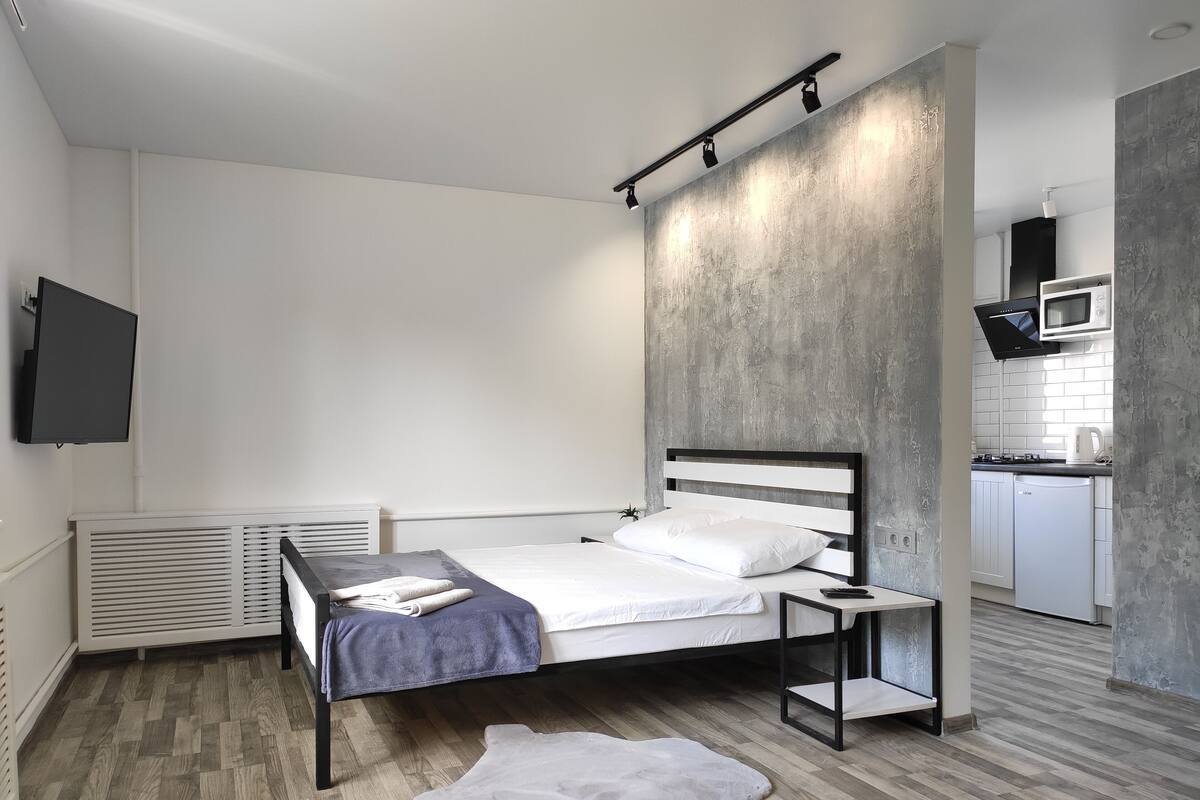 Un dormitorio moderno con cama, televisión de pantalla plana, radiador y kitchenette.