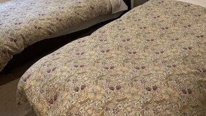 A room with two beds, a window with curtains, a bedside table with a lamp, and a wall decoration.