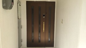 A closed door with a handle and a keyhole, a small light switch, and a wall-mounted electrical box.