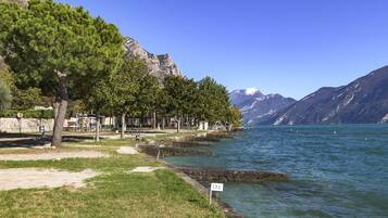 A lakeside park with a stone pathway, trees, and a view of mountains.