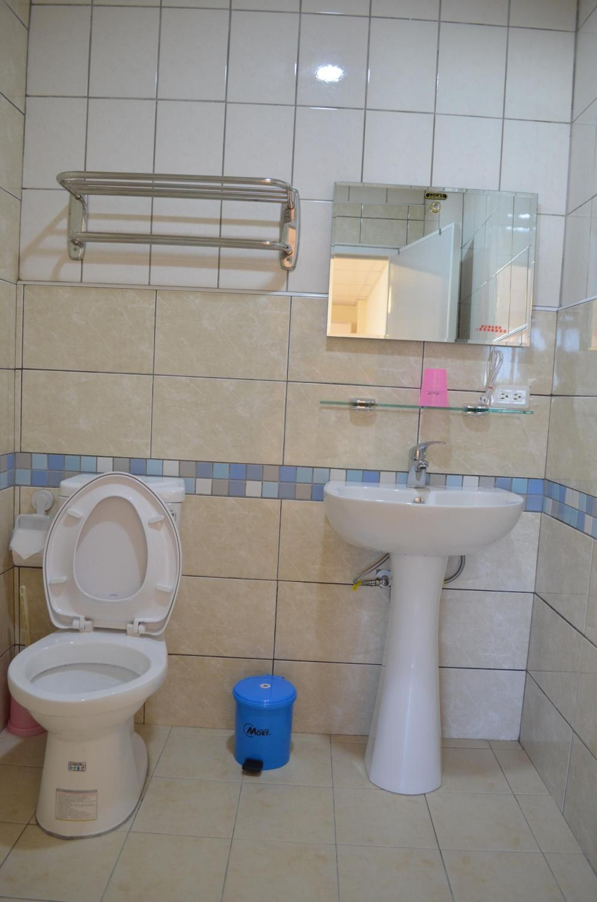 A bathroom with a toilet, sink, and mirror.