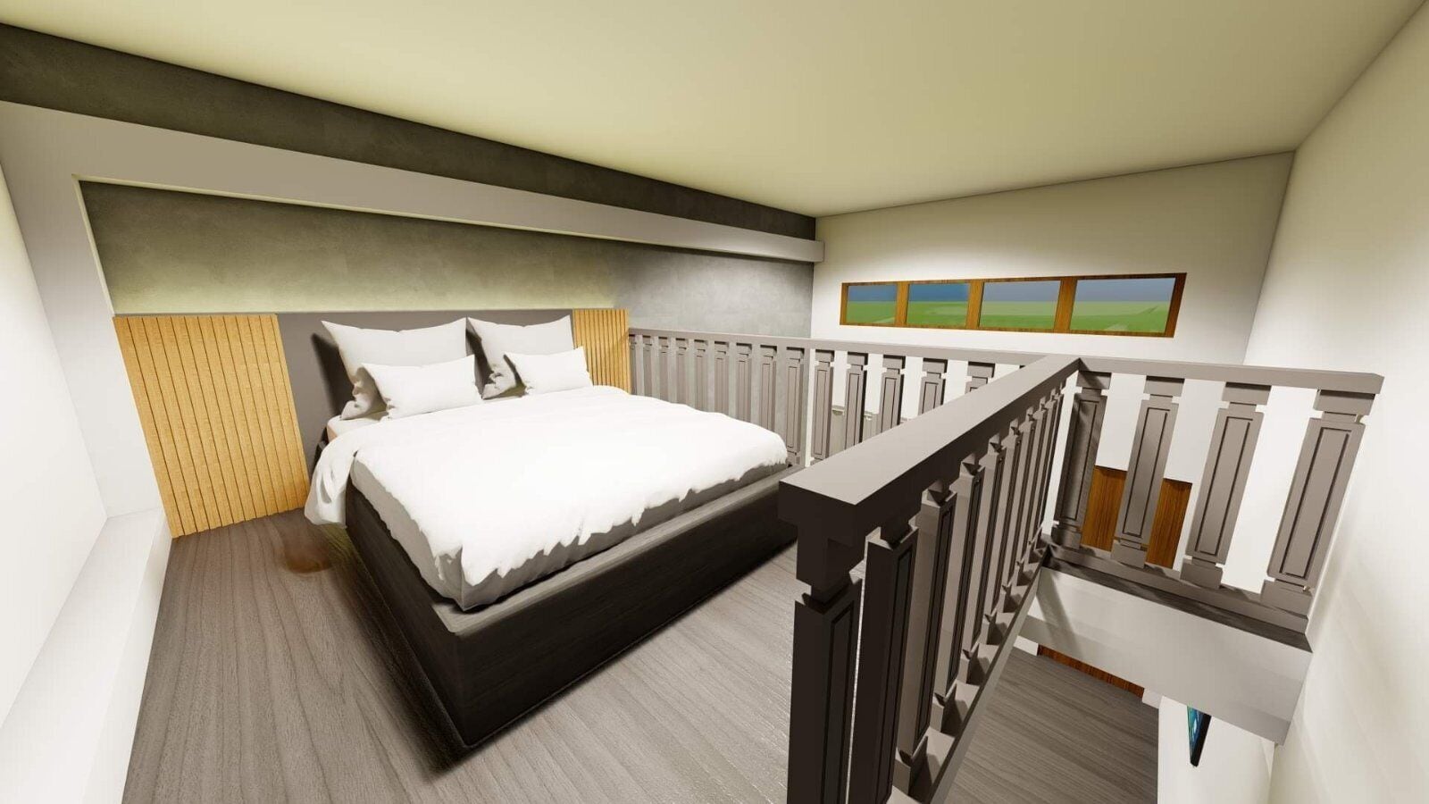 A modern bedroom with a large bed, a wooden headboard, a balcony with a railing, and a painting on the wall.