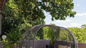 Una silla redonda de mimbre con cojines, una planta en maceta y una terraza de madera.