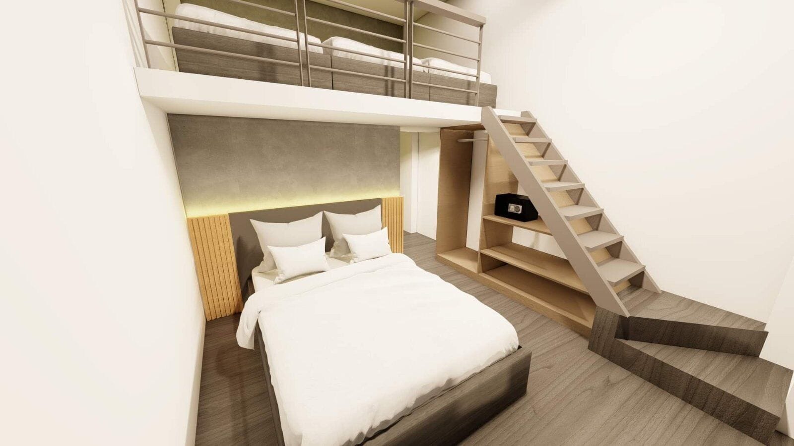 A modern bedroom with a large bed, a built-in desk, and a staircase leading to an upper level.