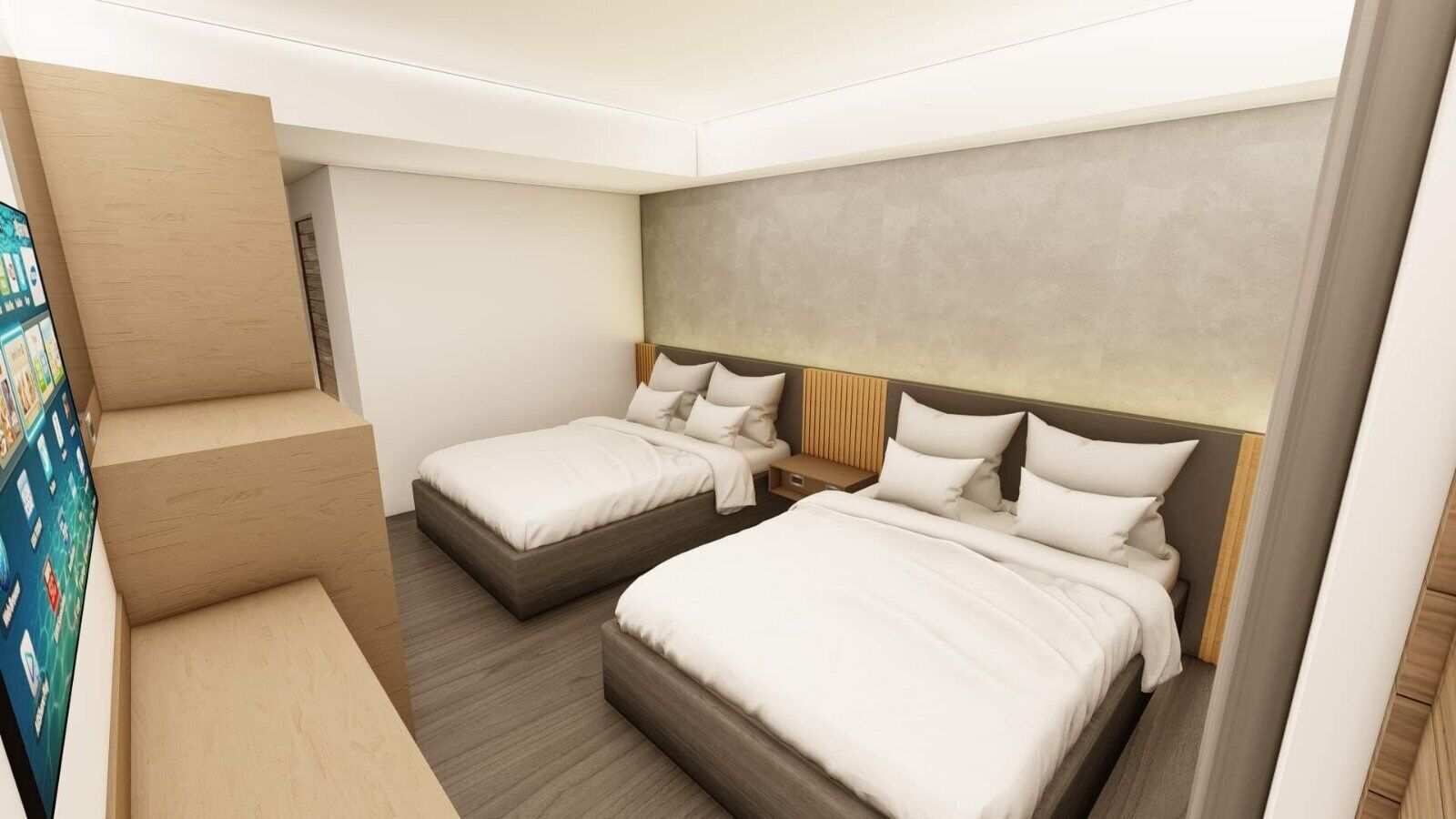 A modern hotel room with two beds, a wooden bench, and a flat-screen TV.