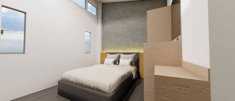 A modern bedroom with a large bed, a built-in headboard, and a small seating area with a wooden bench.
