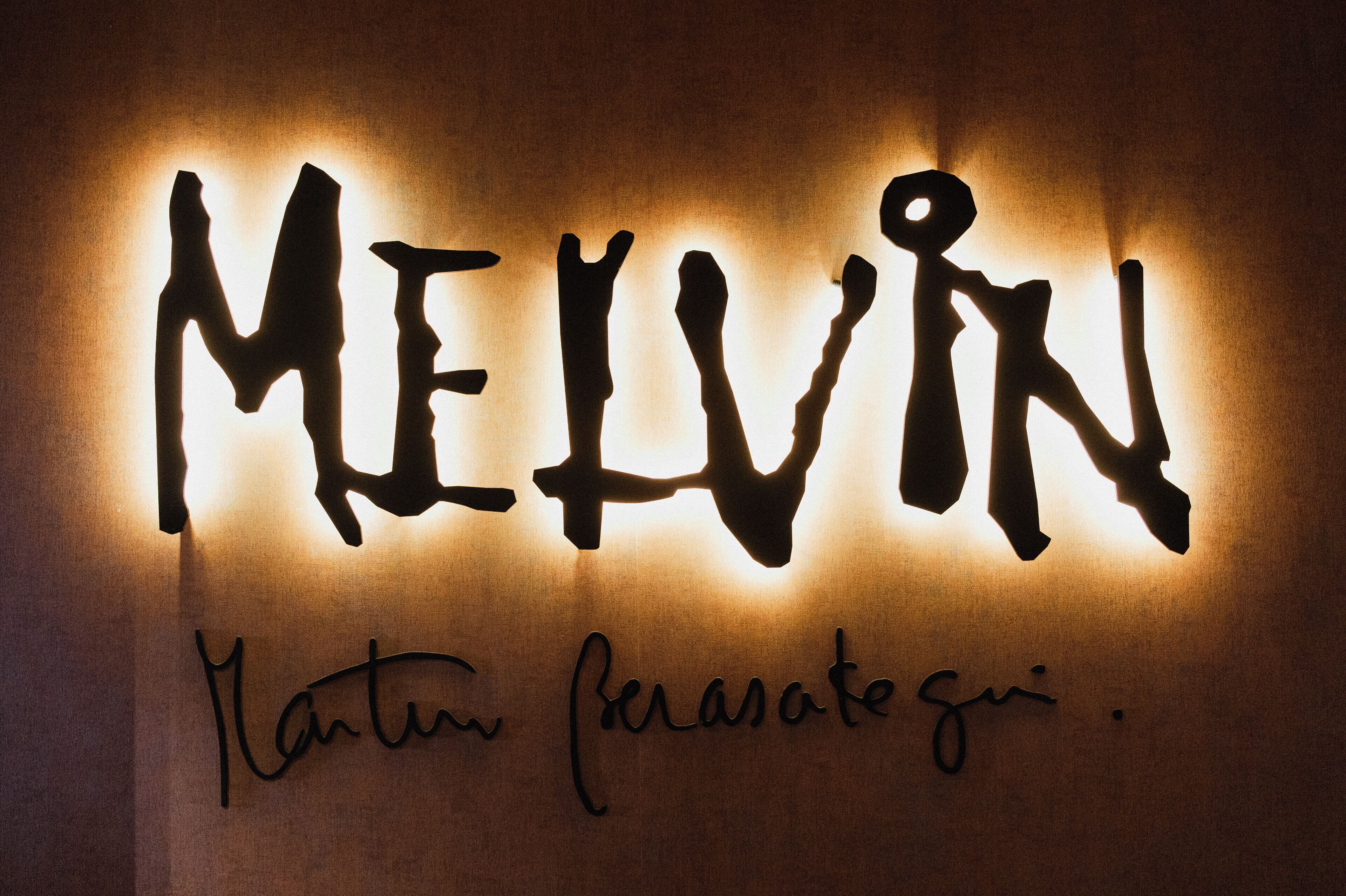 A wall with the name 'MELVIN' illuminated in a unique font style, with a signature below it.