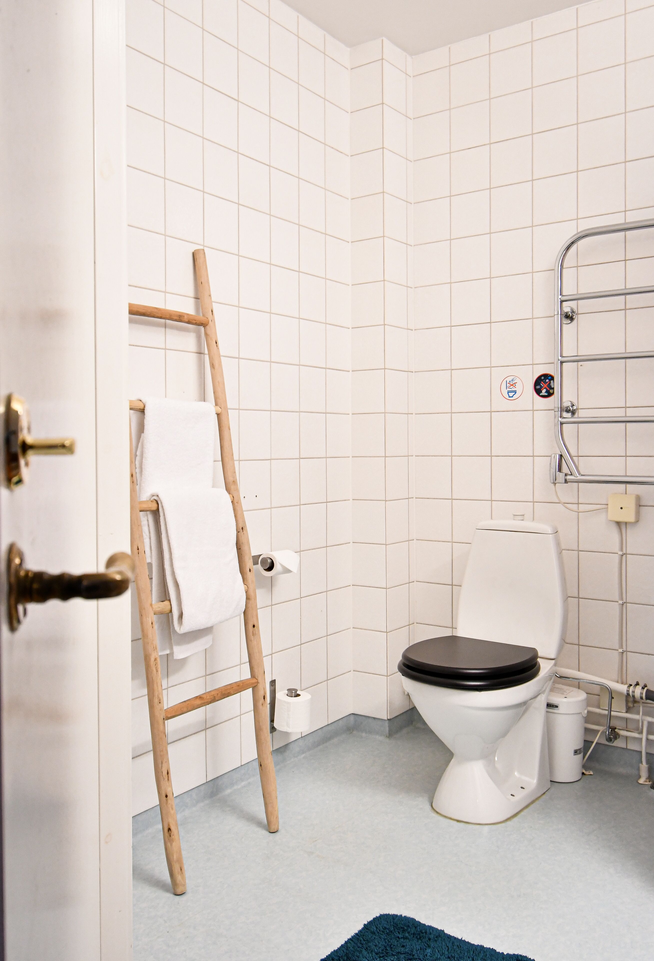 Un baño con inodoro blanco, escalera de madera, perchero y alfombra azul.