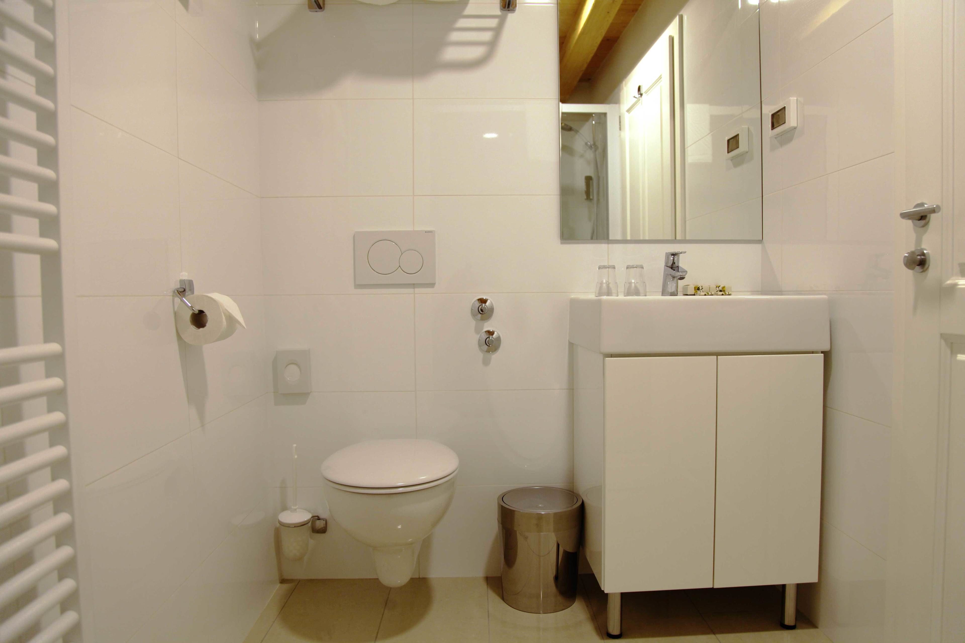 A modern bathroom with a toilet, sink, mirror, and a trash bin.