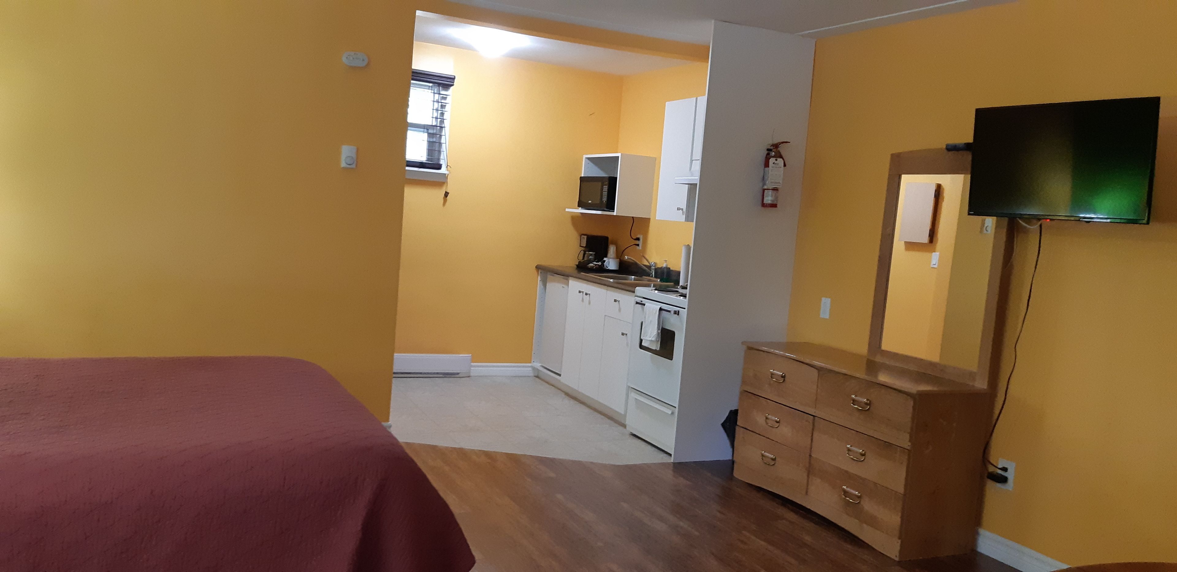 A room with a bed, a dresser, a TV, and a kitchenette.