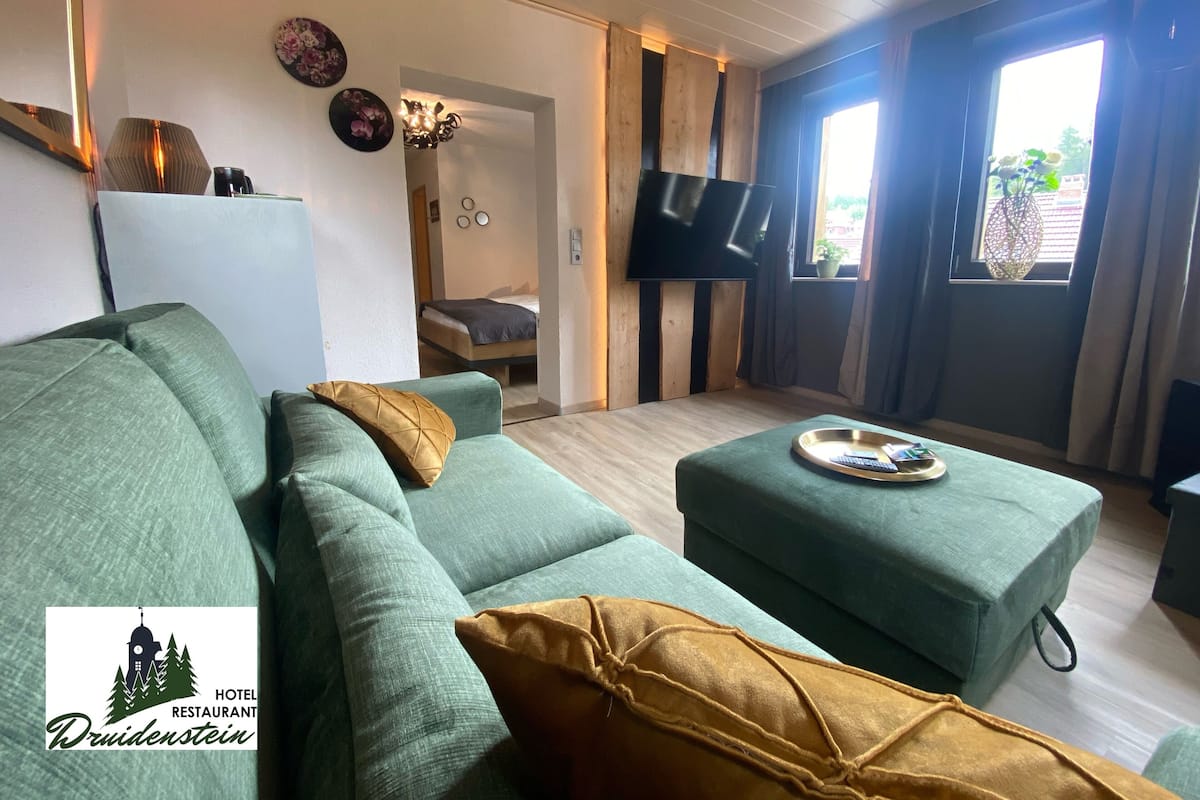 Suite de lujo, 1 cama de matrimonio grande, sauna, vistas a la colina | Zona de estar | Libros
