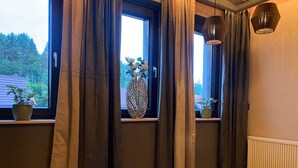 A room with a window, curtains, a potted plant, a hanging light fixture, and a radiator. - Hotel-Restaurant Druidenstein (Oberharz am Brocken)