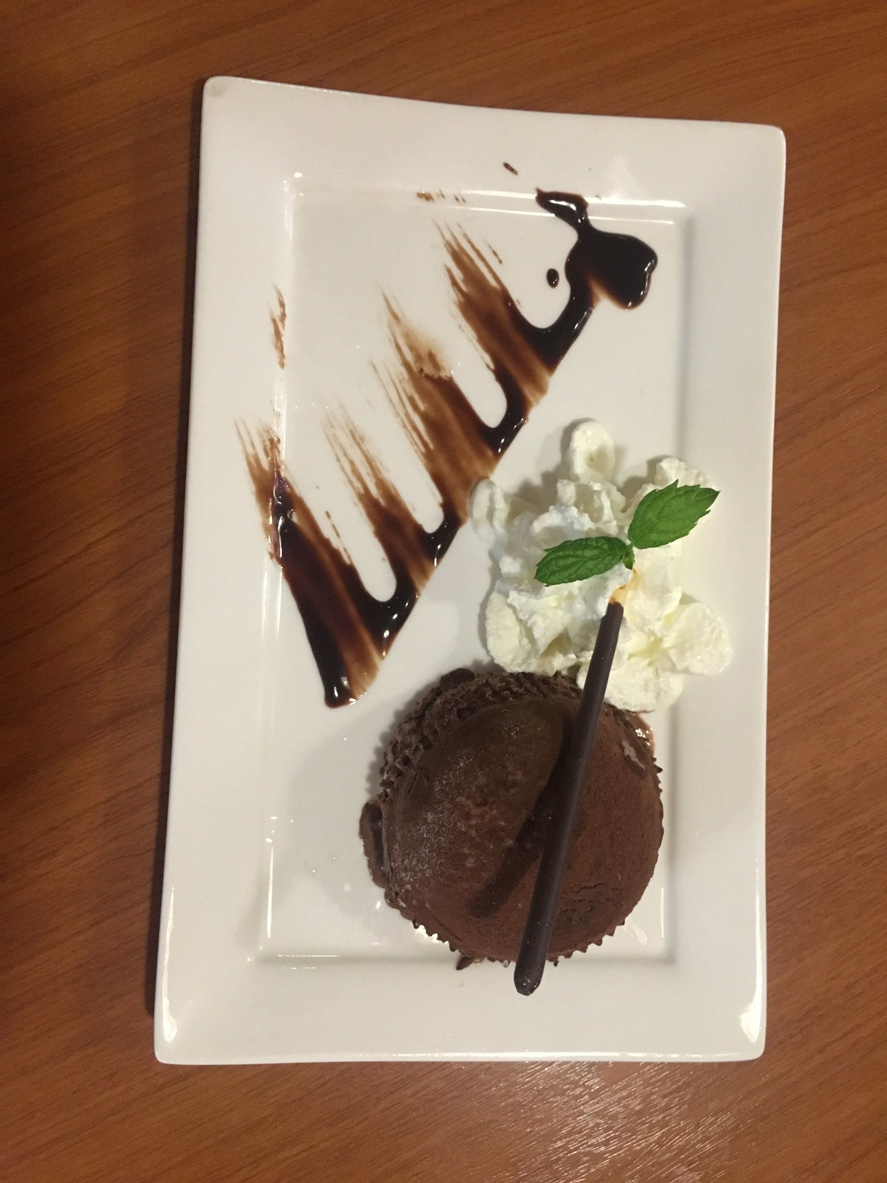 Un dessert au chocolat servi dans une assiette blanche, nappé de sauce au chocolat et décoré de feuilles de menthe.