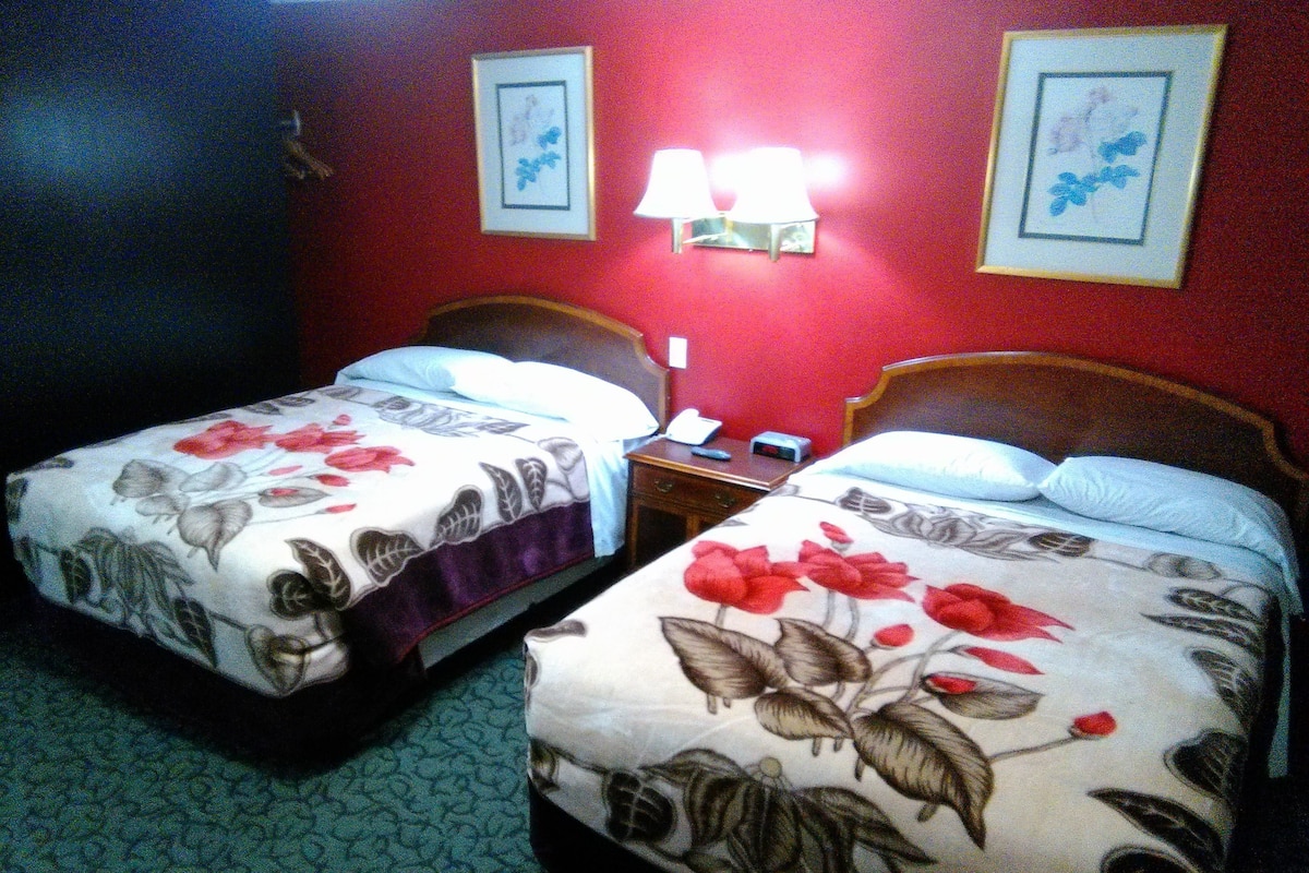 Una habitación de hotel con dos camas individuales, una mesita de noche con lámpara y dos cuadros en la pared.