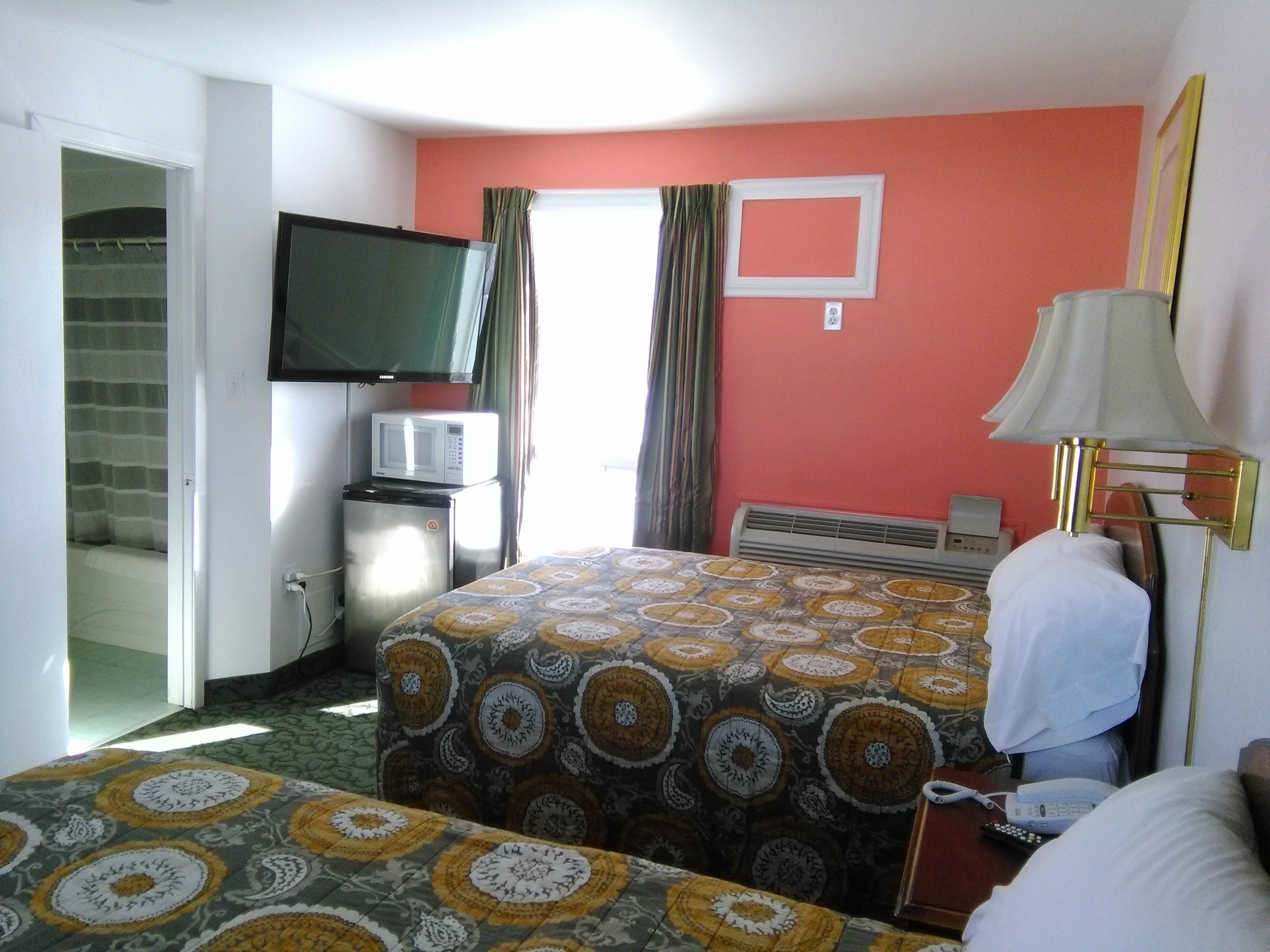 A hotel room with a bed, a television, a microwave, and a heater.