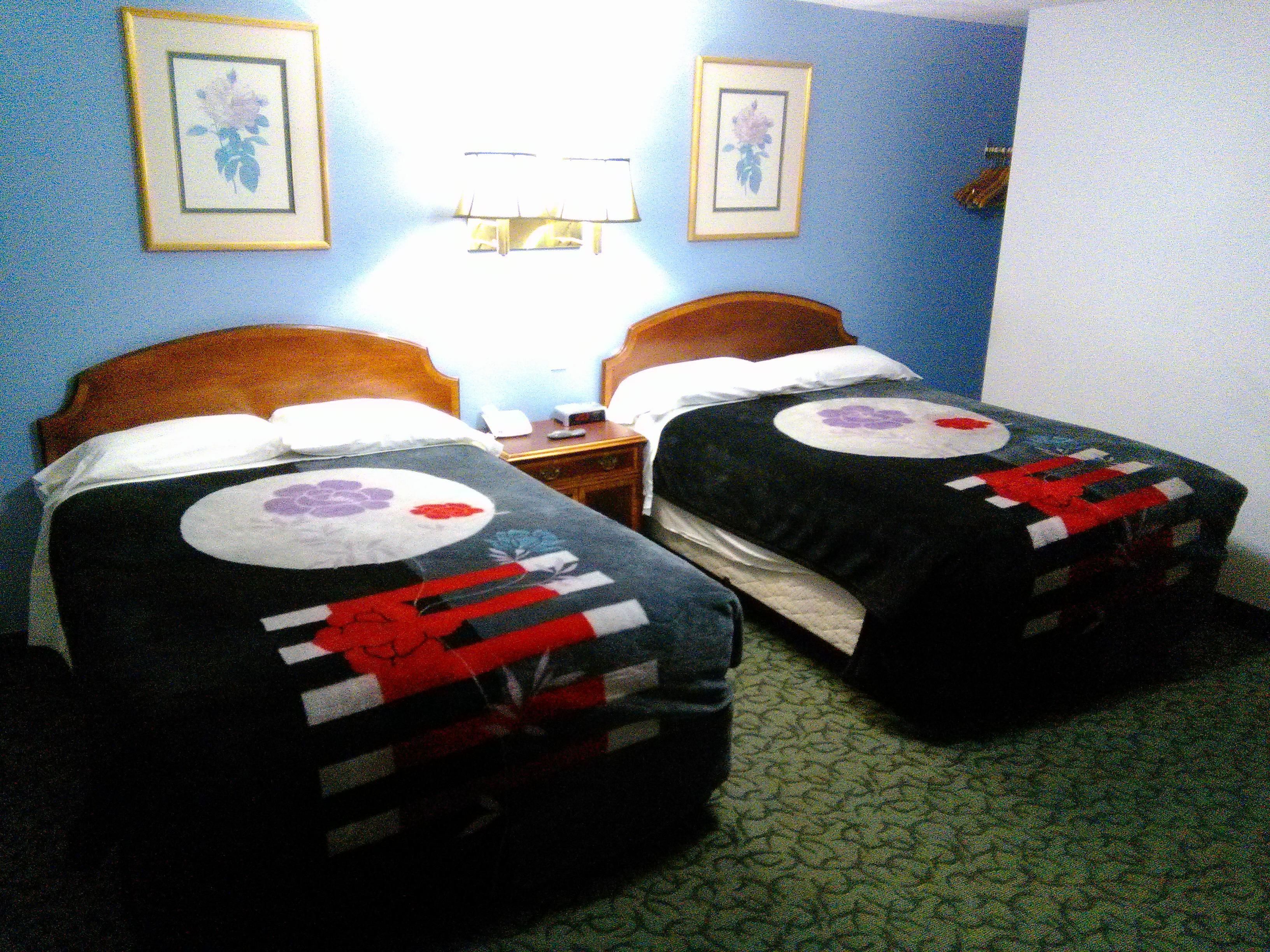 Une chambre d’hôtel avec deux lits simples, une table de chevet, une lampe et des œuvres d’art florales encadrées accrochées aux murs.