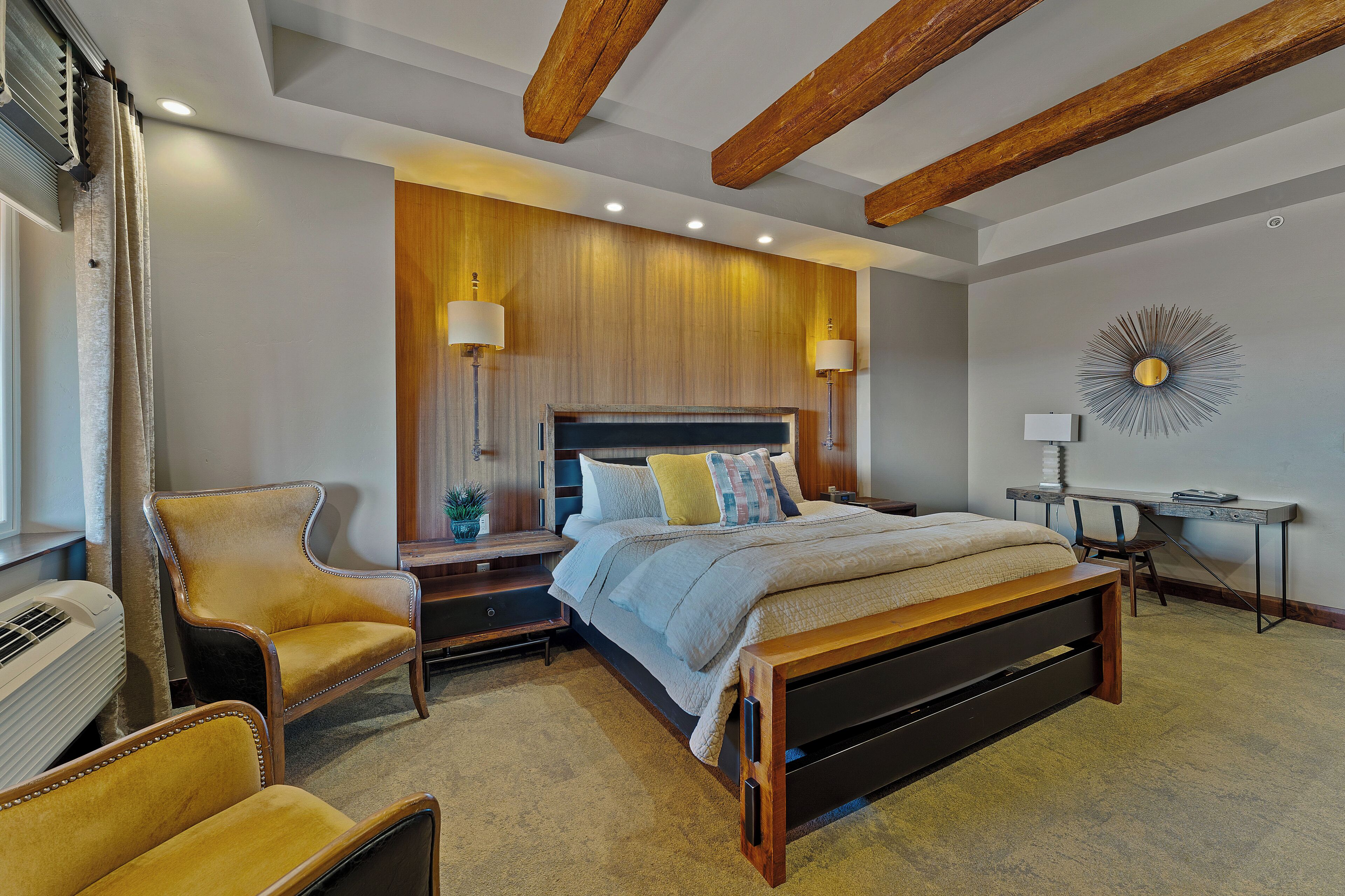 Hypo-allergenic bedding, pillow-top beds, desk, laptop workspace