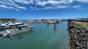 Un port de plaisance avec des bateaux amarrés, une côte rocheuse et un ciel dégagé.
