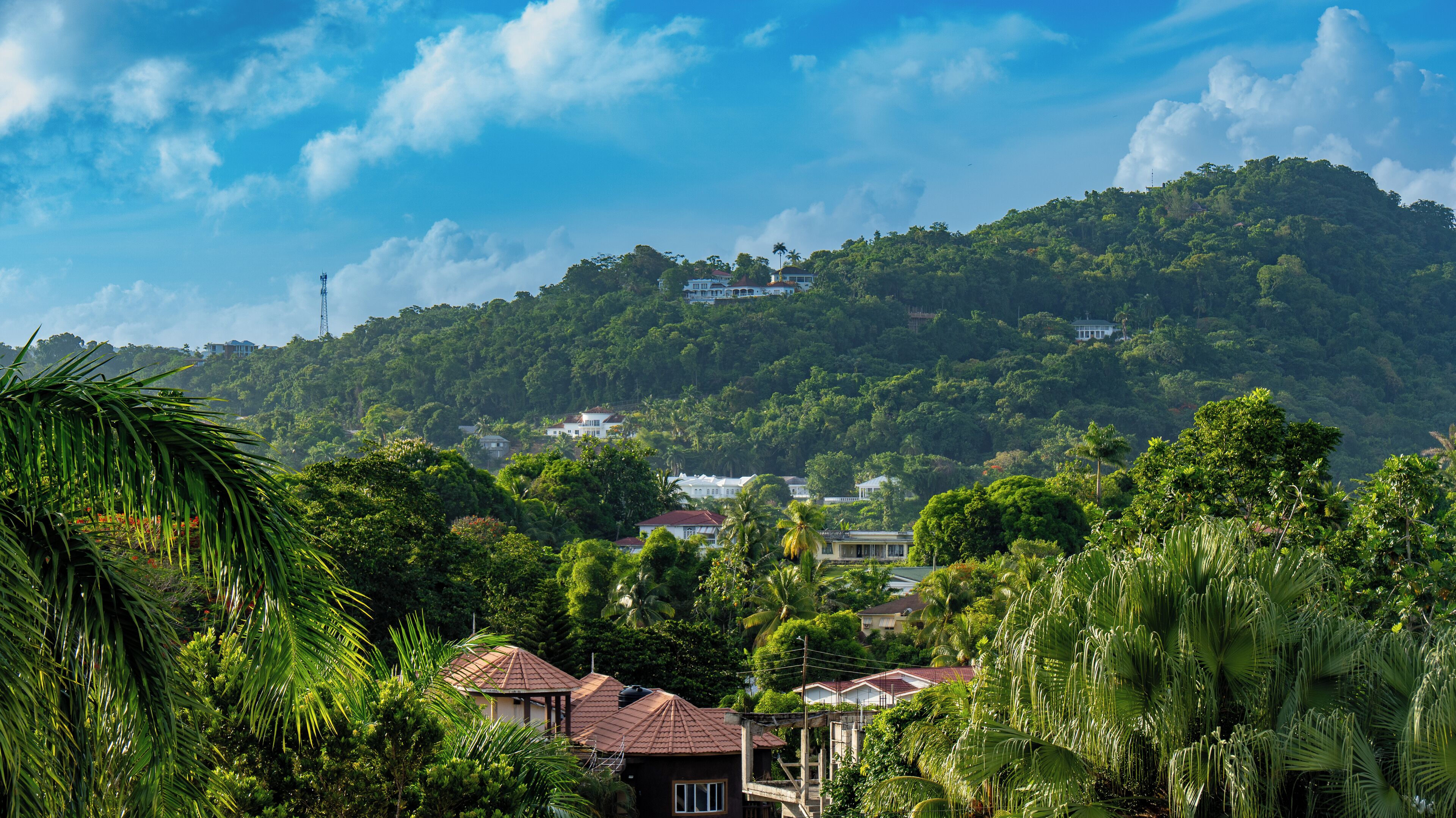 A lush green landscape with a hill in the background, houses with red roofs, and a clear blue sky.