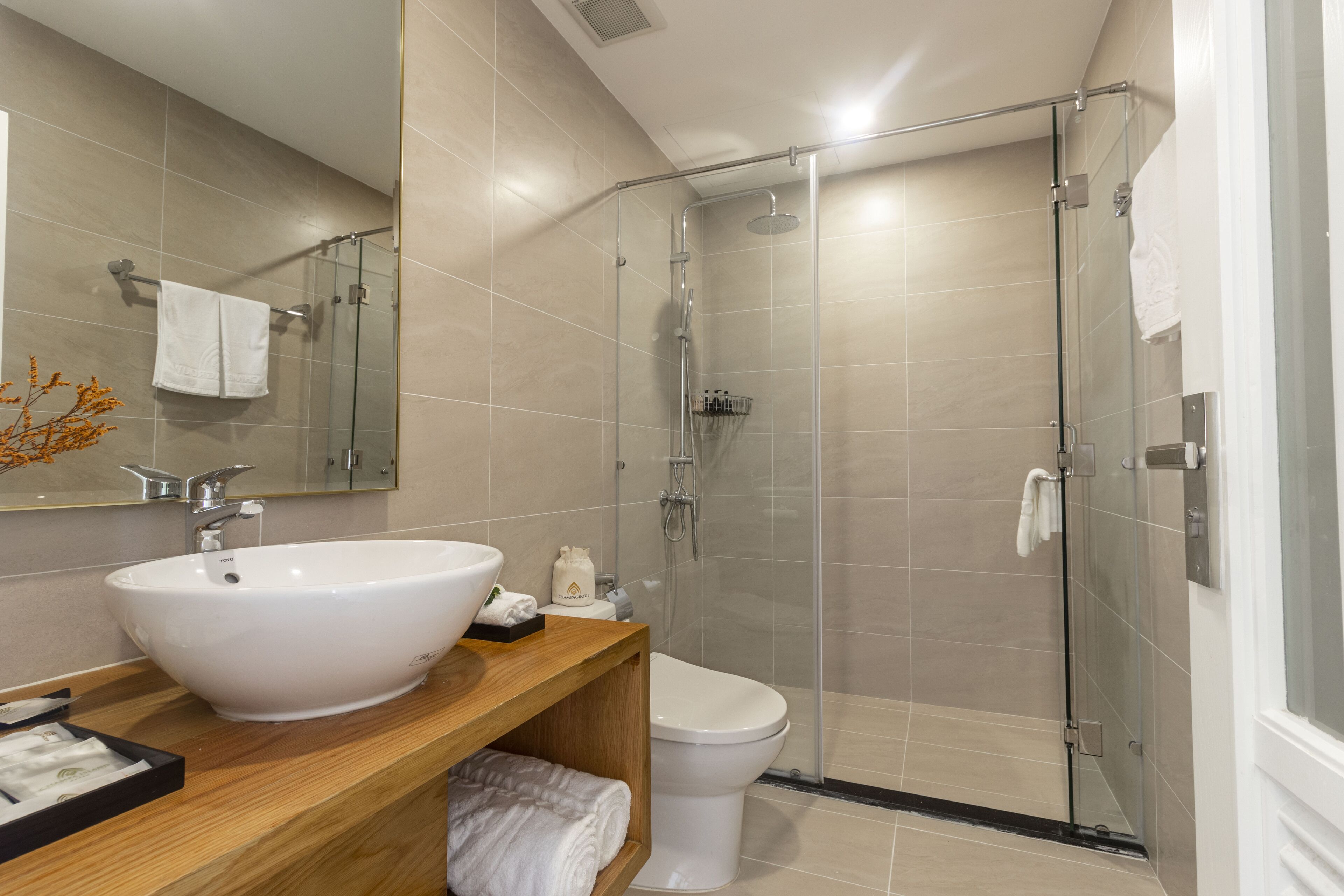 A modern bathroom with a large white sink, a toilet, and a glass-enclosed shower.