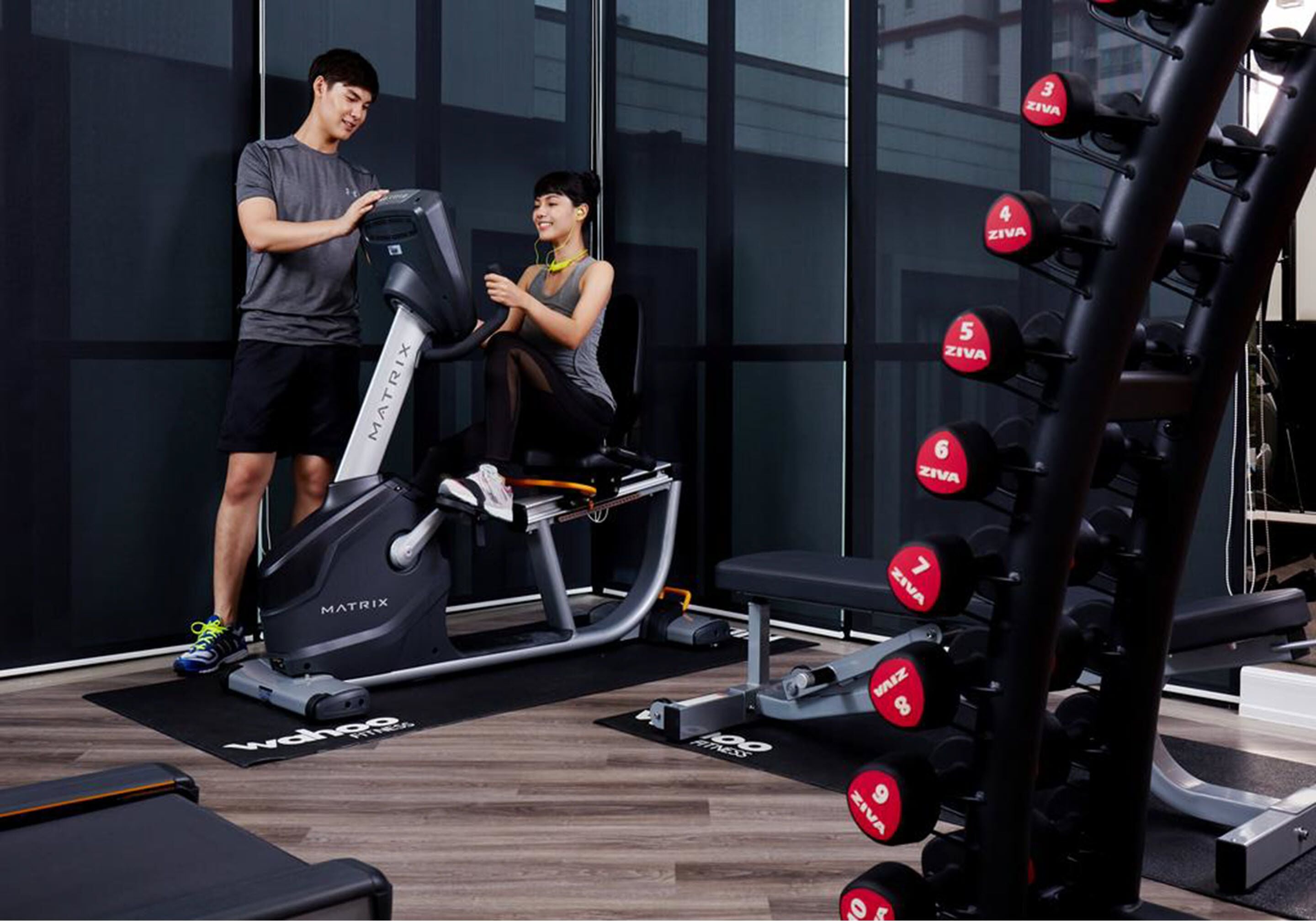 A gym with a treadmill, weight bench, and dumbbells.