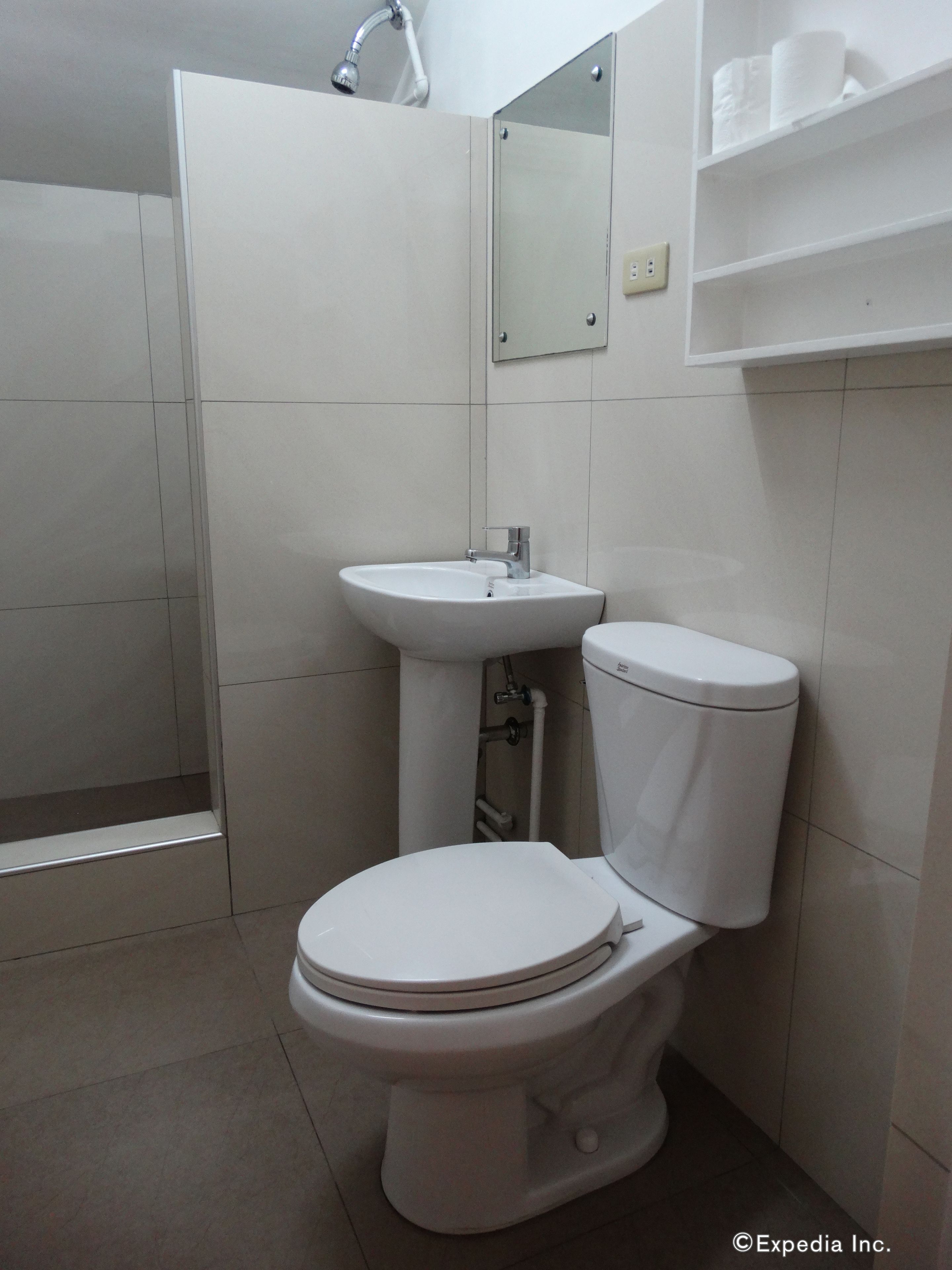 Une salle de bain standard équipée de toilettes, d’un lavabo et d’une douche.