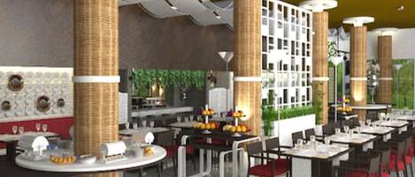 A modern restaurant interior with round tables, wicker pillars, and a green wall.