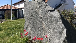 Ein Haus mit einer Steinaußenwand, einer Flagge und einem kleinen Garten mit roten Blumen.