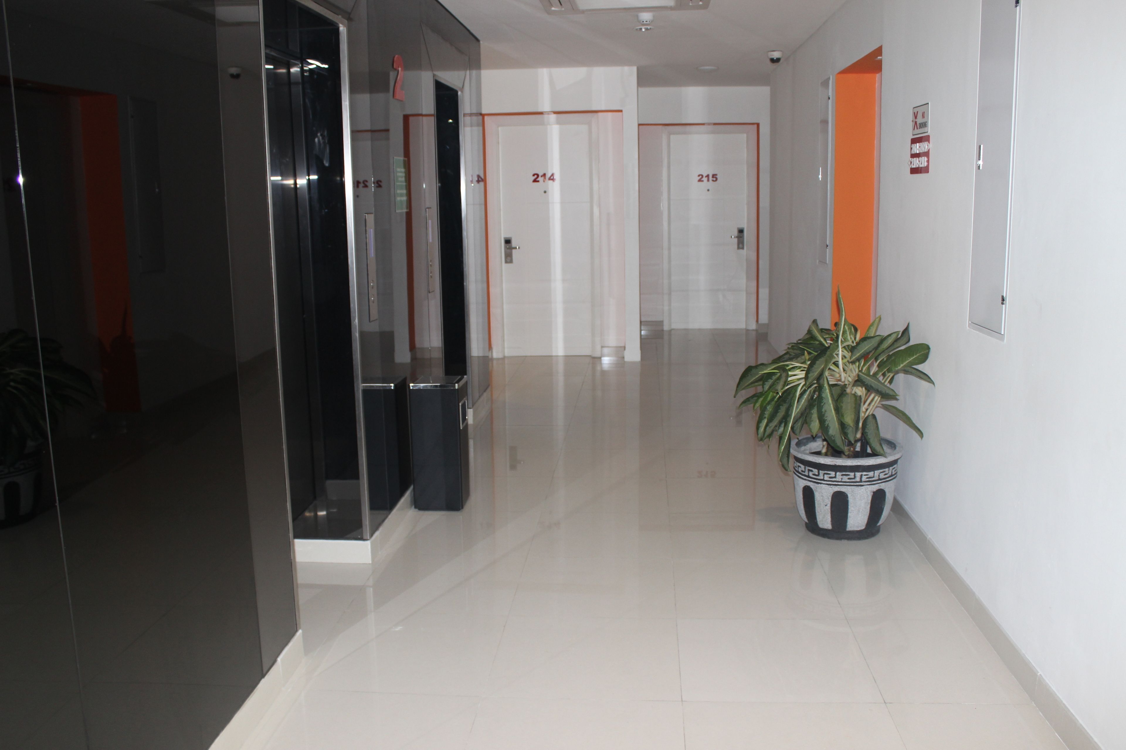 A clean, modern hallway with glass doors and potted plants.