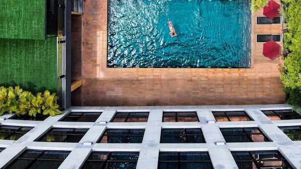 Une vue aérienne d’une piscine où l’on aperçoit une personne dans l’eau, entourée de verdure et bordée d’une terrasse carrelée.