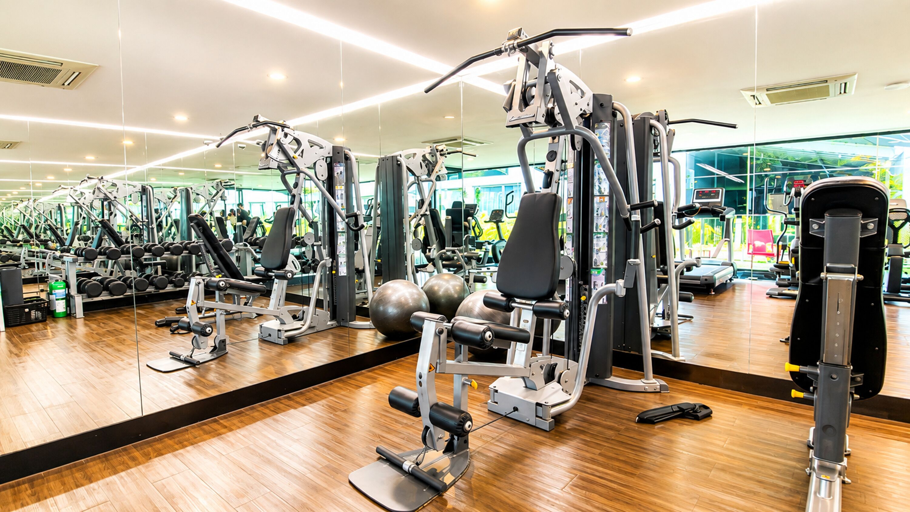 Un gimnasio con diversas máquinas de ejercicio, suelo de madera y un espejo grande que refleja el equipamiento.