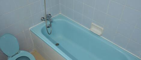 A bathroom with a toilet and a bathtub.