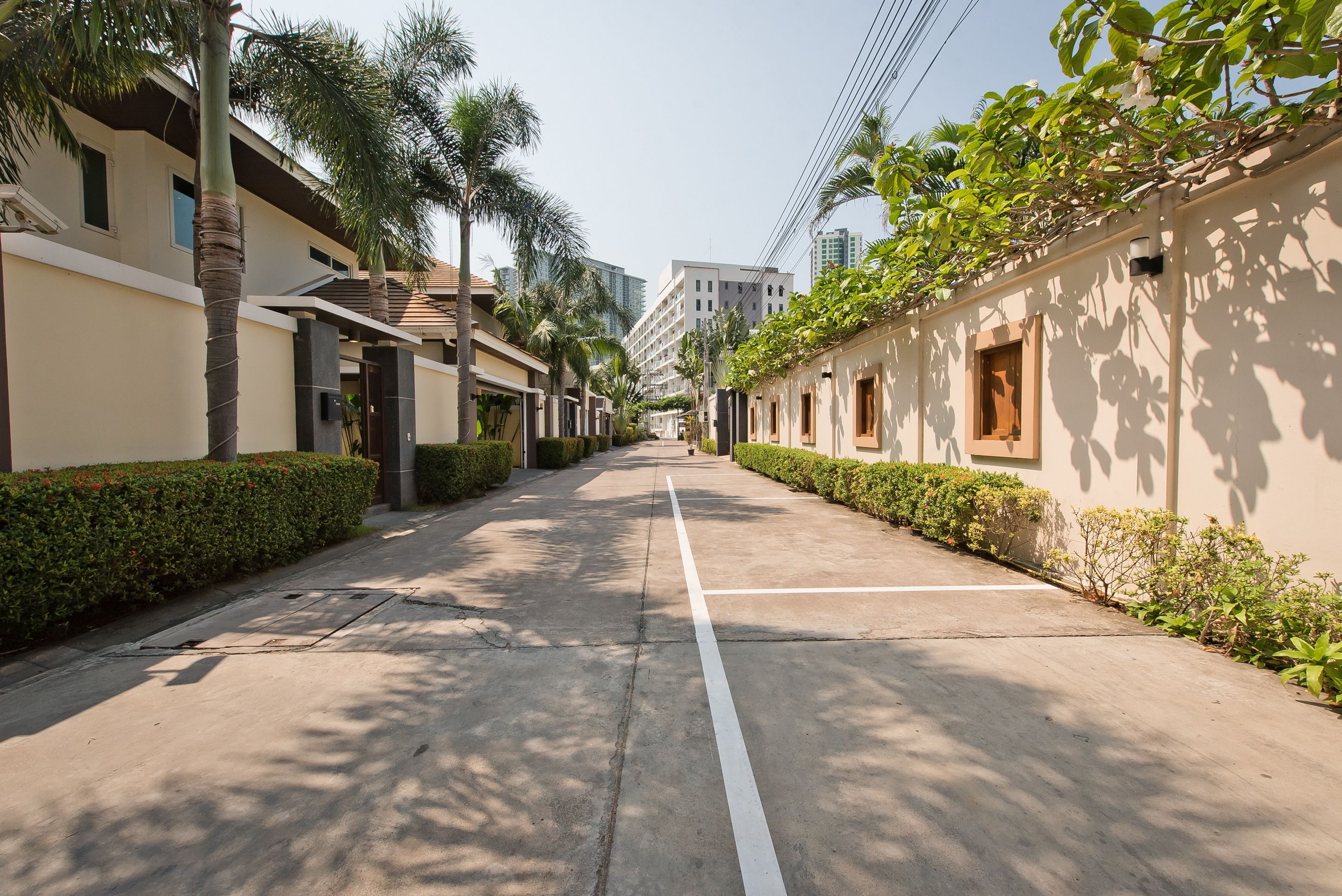 A residential street with modern houses, palm trees, and a clear sky.