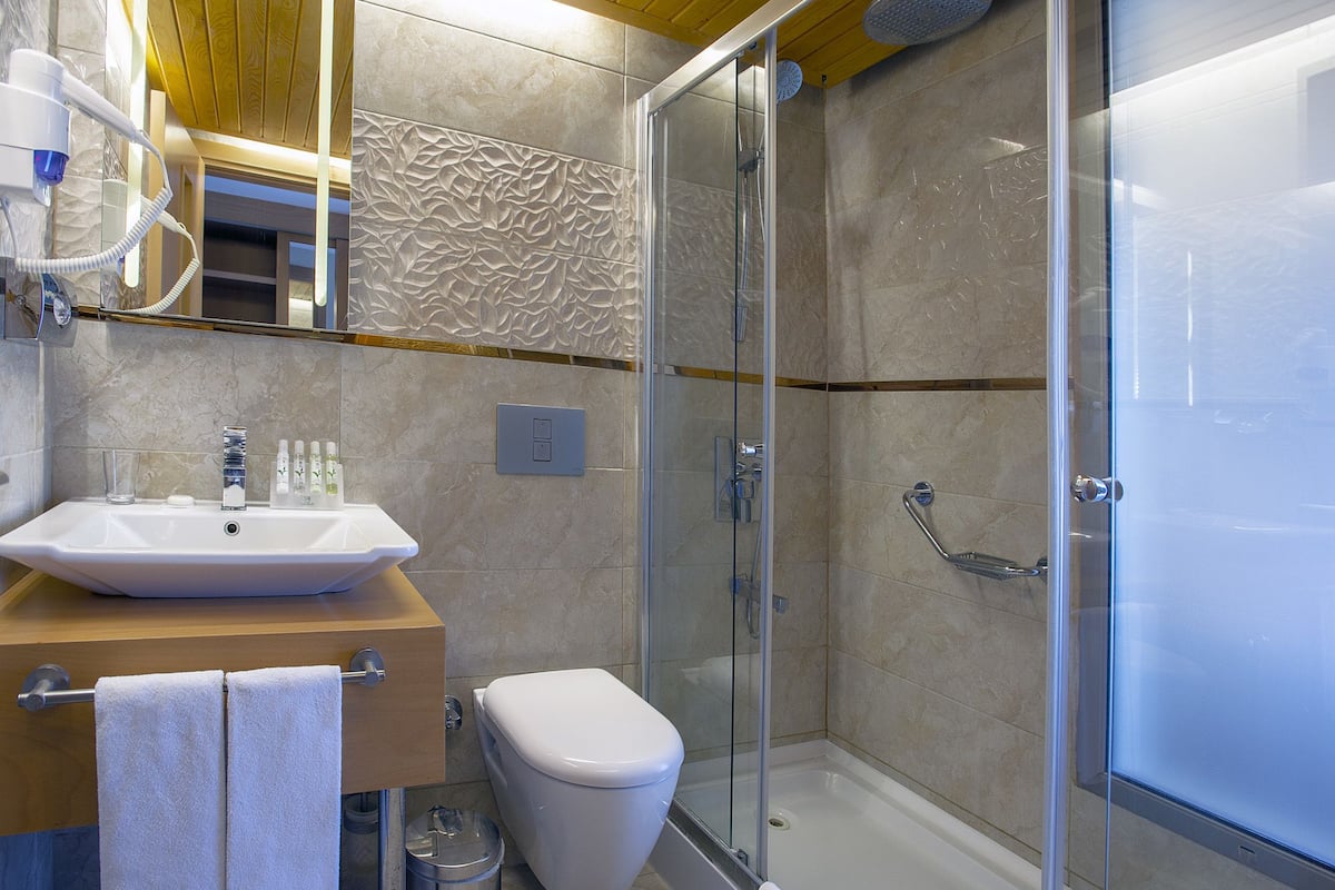 family room | bathroom | shower, hair dryer, slippers, towels