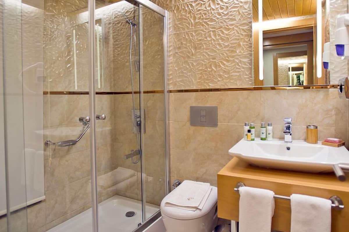 shower, hair dryer, slippers, towels