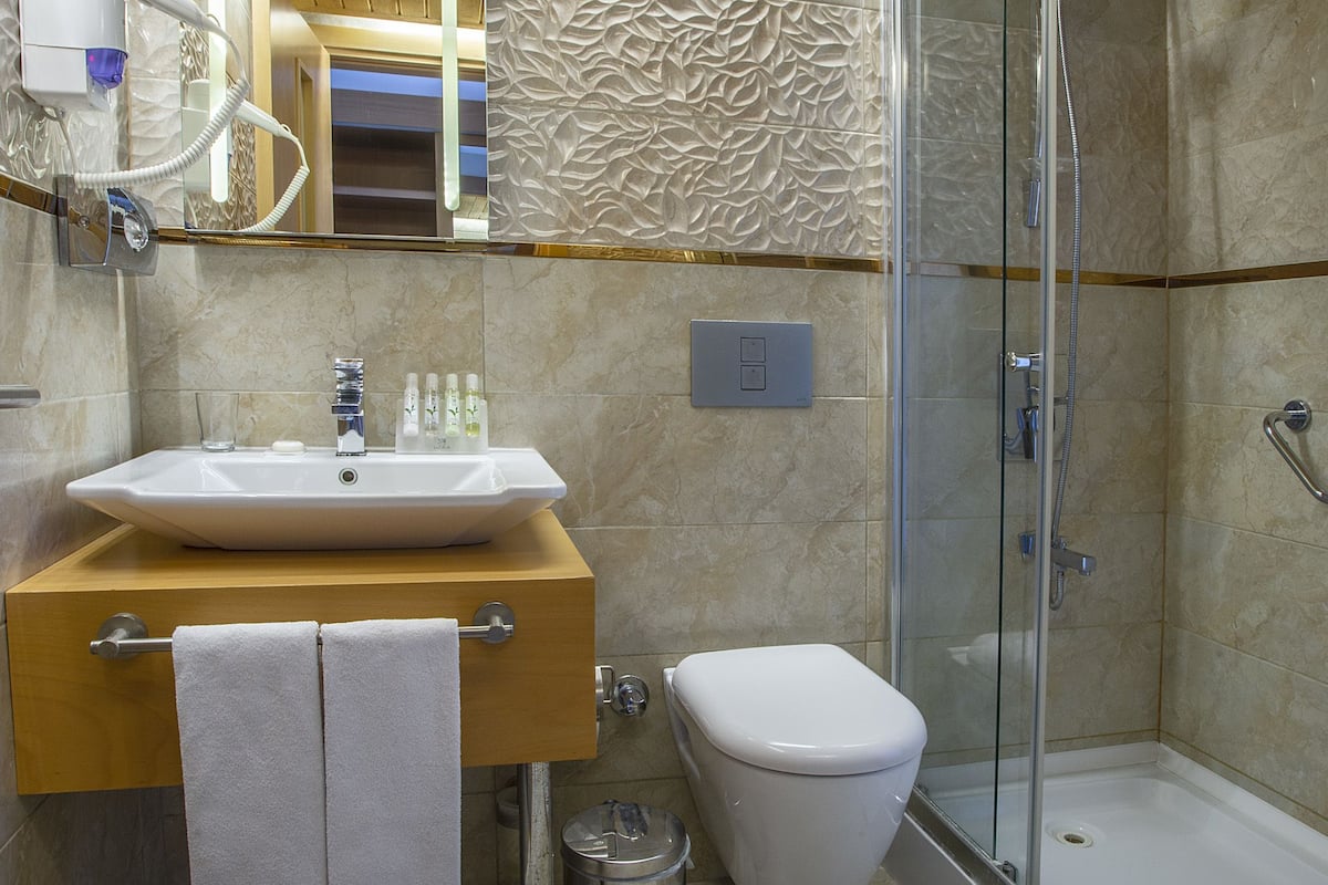 shower, hair dryer, slippers, towels