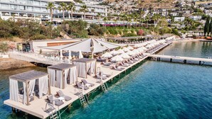 Een resort aan het water met een lange zwembadzone, een brug naar het hoofdgebouw en een uitzicht op woningen op een heuvel.