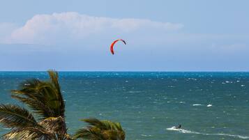 A beach with a clear view of the ocean and a person kite surfing.