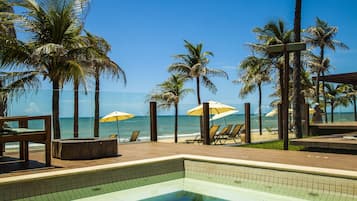 On the beach, sun-loungers, beach umbrellas, beach towels