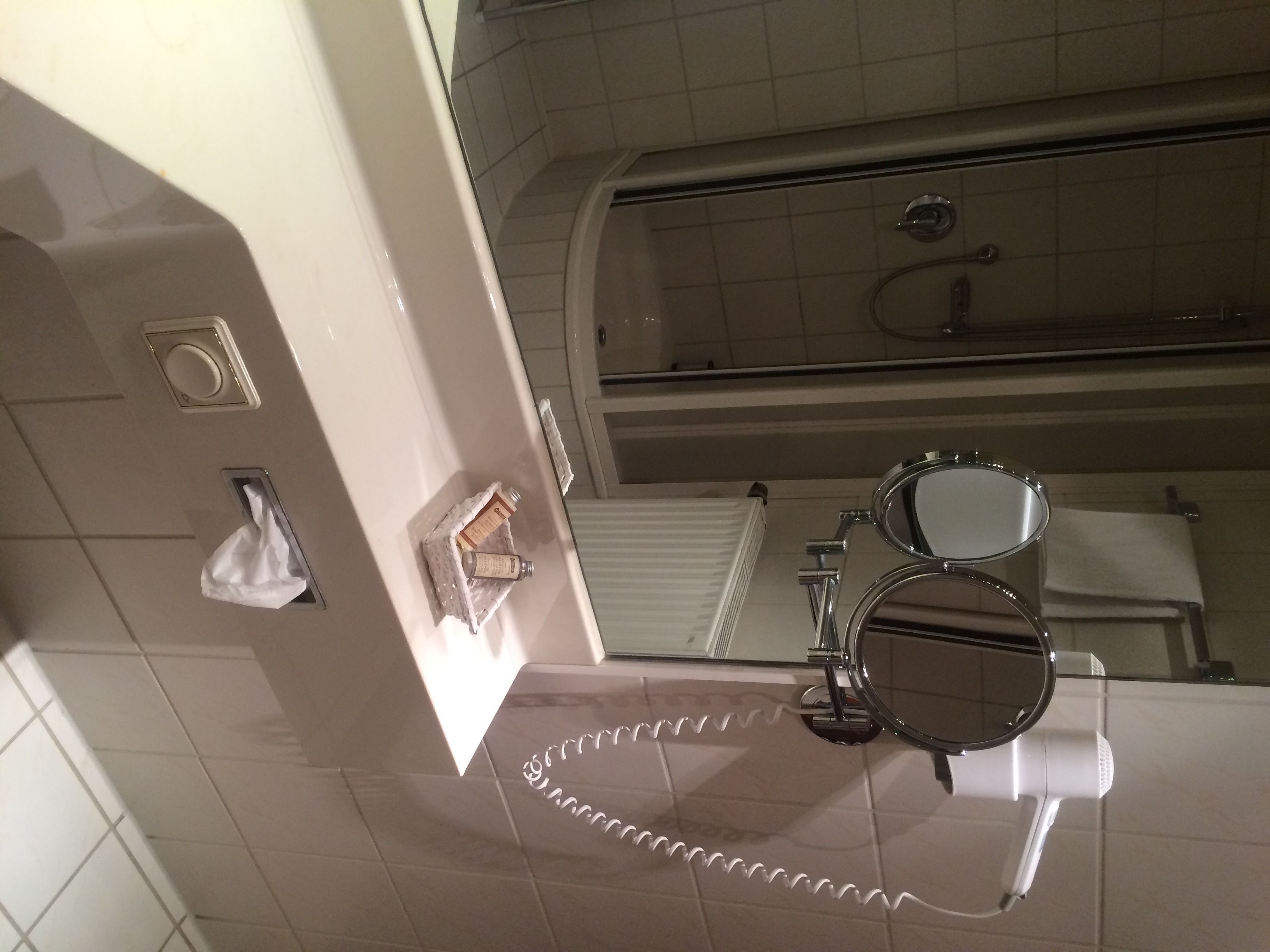 Shower, free toiletries, hair dryer, towels