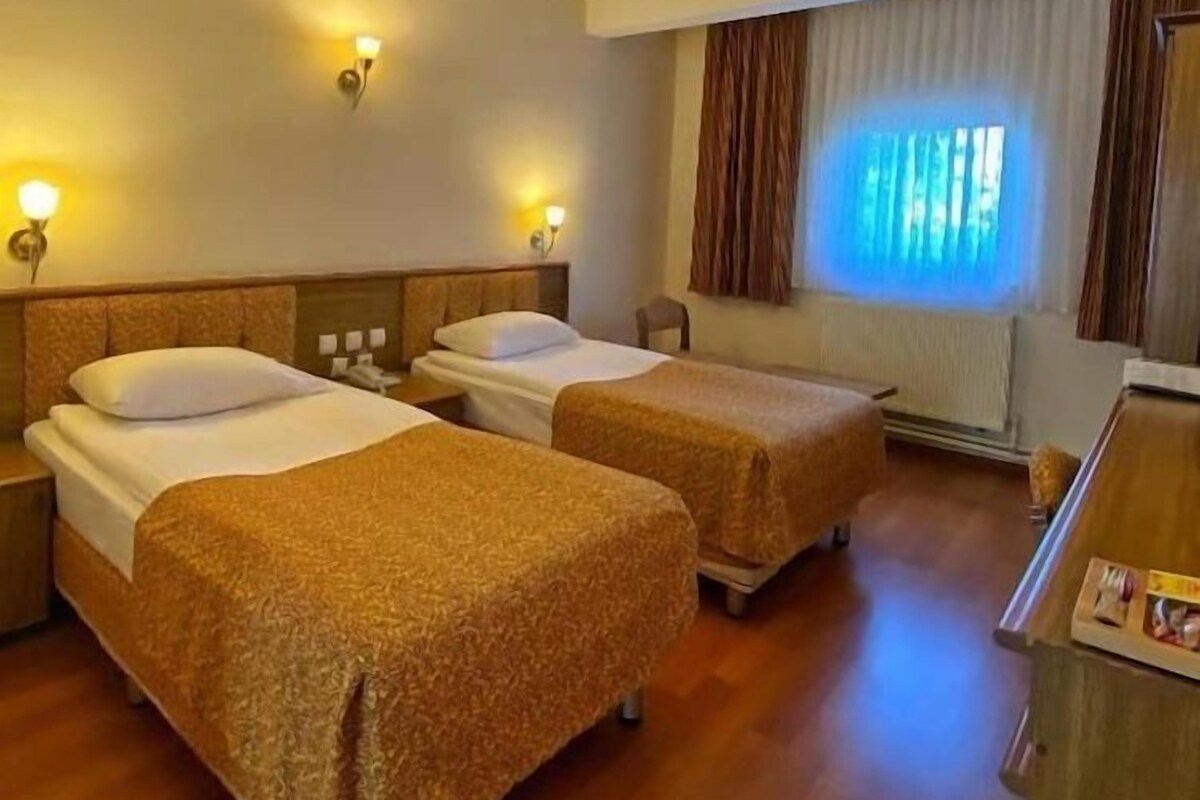 Una habitación de hotel con dos camas, un escritorio y una ventana con cortinas.