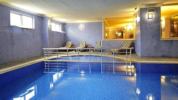Indoor pool, outdoor pool, pool umbrellas, sun loungers