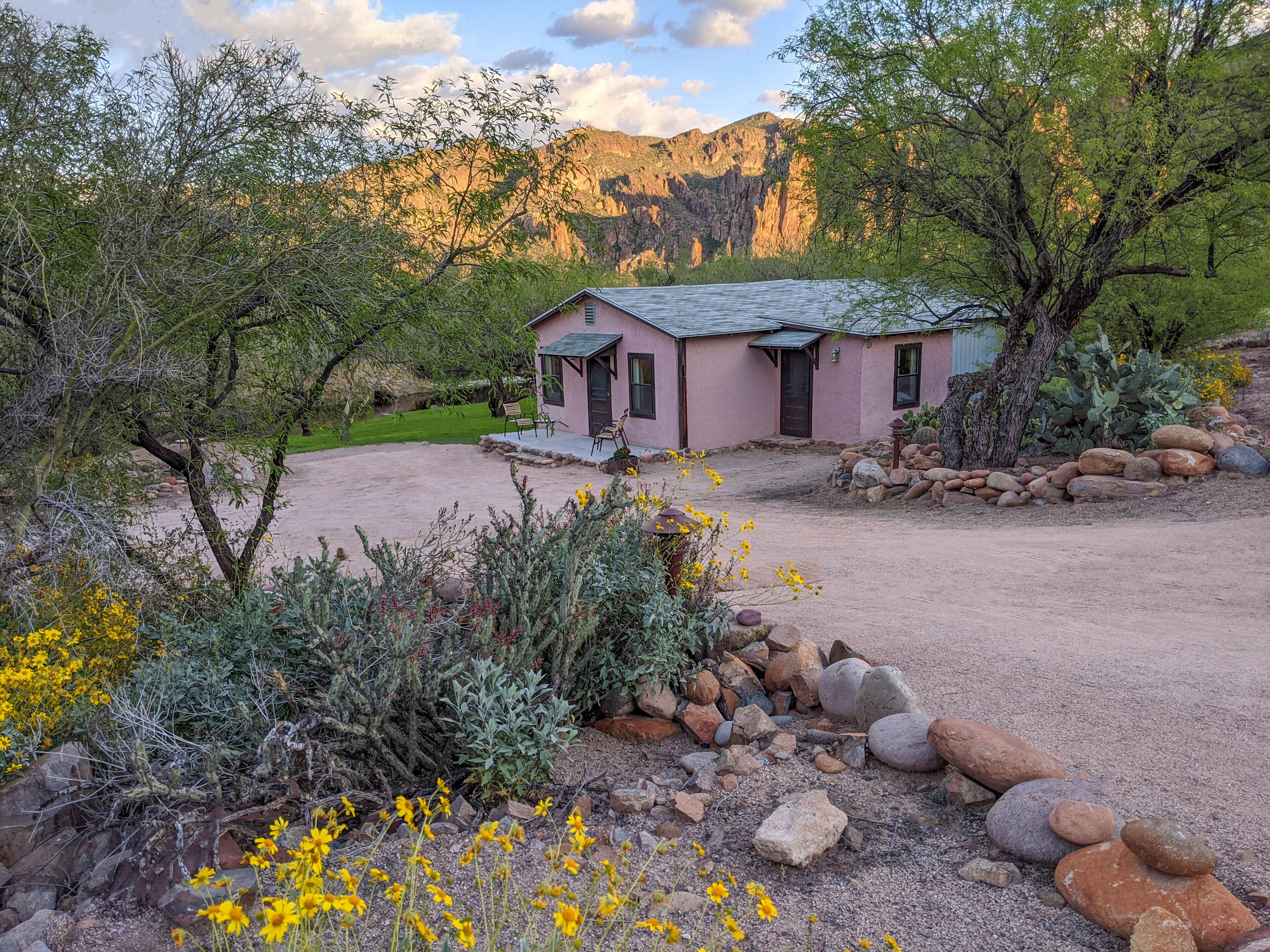 A small pink house with a gravel driveway, surrounded by cacti and yellow flowers, set against a mountainous backdrop.